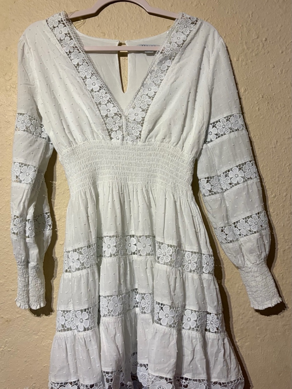FAVLUX White Lace-Trim Smocked Waist Long-Sleeve Dress
